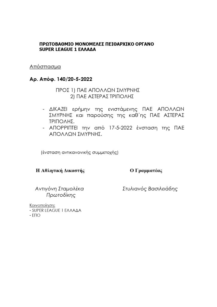 Απορρίφθηκε η ένσταση του Απόλλωνα Σμύρνης – Ανοίγει ο δρόμος για τα μπαράζ (ΦΩΤΟ)