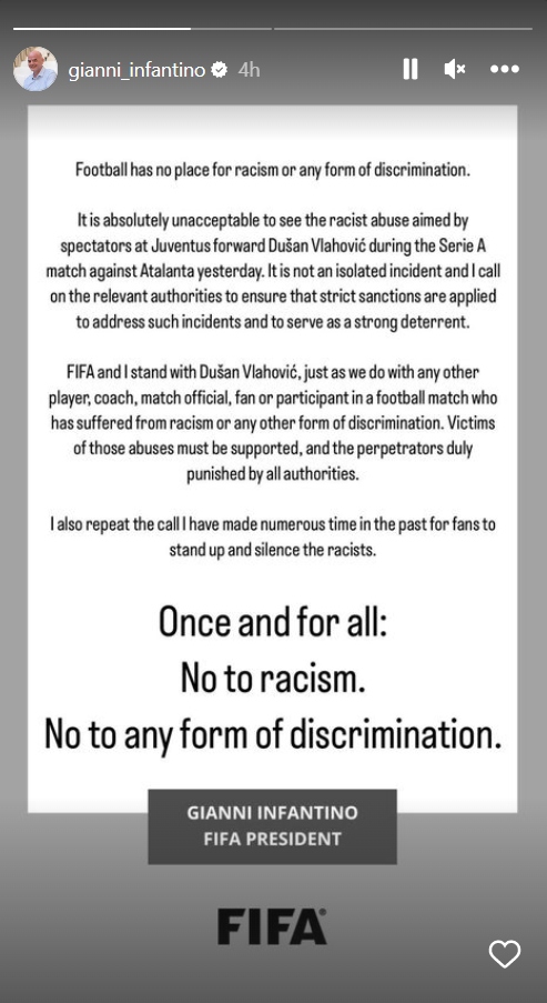 Ινφαντίνο: «Στο ποδόσφαιρο δεν υπάρχει χώρος για ρατσισμό ή οποιαδήποτε άλλη μορφή διάκρισης»