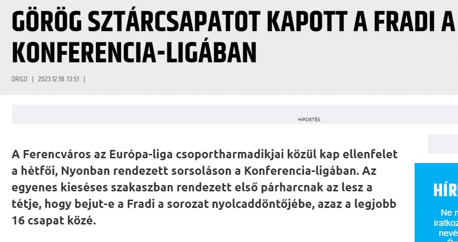 Ουγγρικά ΜΜΕ: «Κληρώθηκε με Ελληνική ομάδα – σταρ στο Conference League»