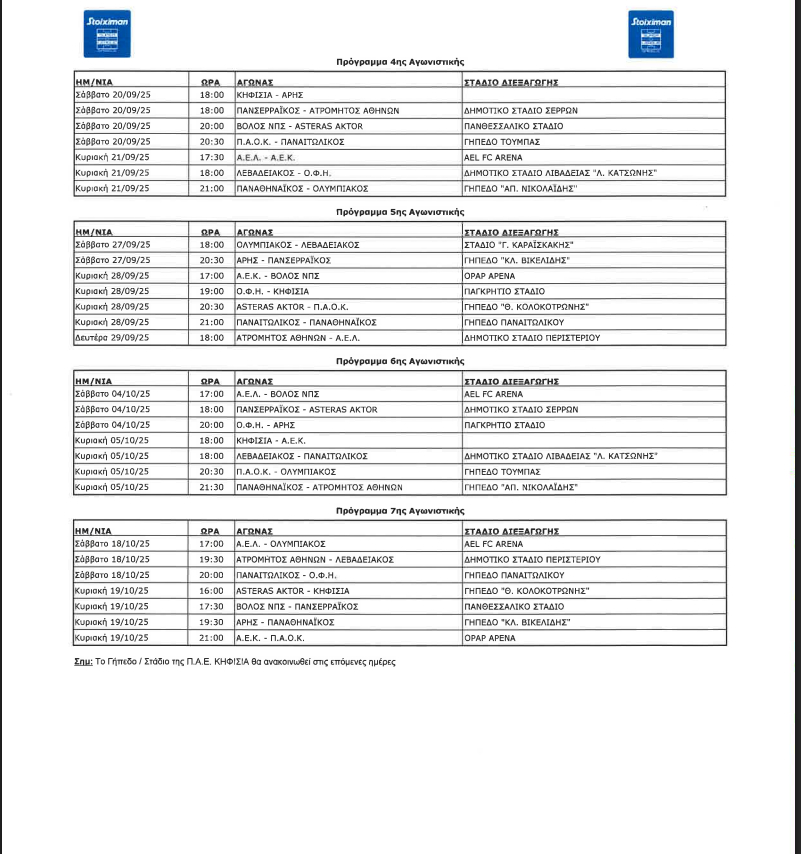 Το πρόγραμμα της Super League από την 4η εως την 15η αγωνιστική