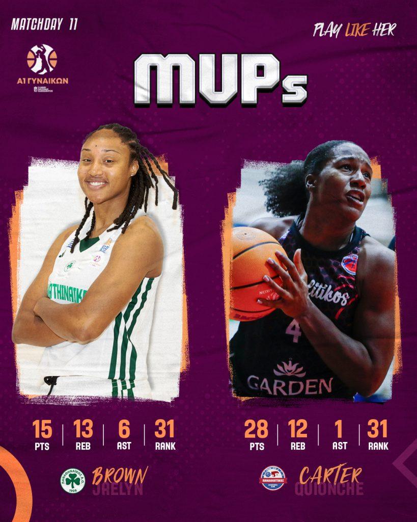 Α1 Γυναικών: MVP Κάρτερ και Μπράουν, MVP Next Gen η Αλεξιά